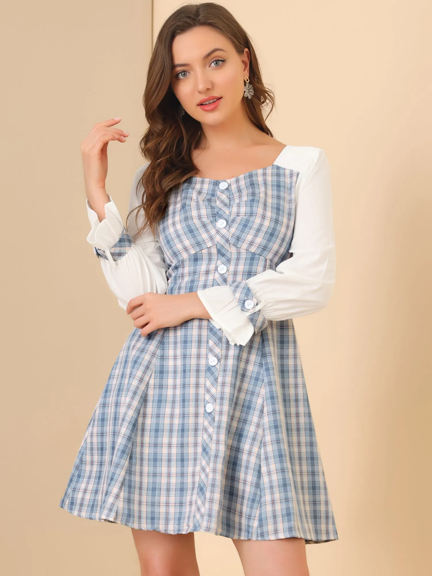 Plaid Sweetheart Neck Elegant Button Decor A-Line Party Mini Dress sold by Allegra K product image thumbnail 5