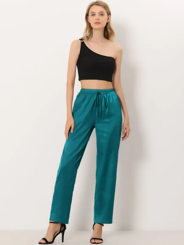 Satin Elastic Waist Straight Loose Long Trousers Pants with Pockets sold by Allegra K