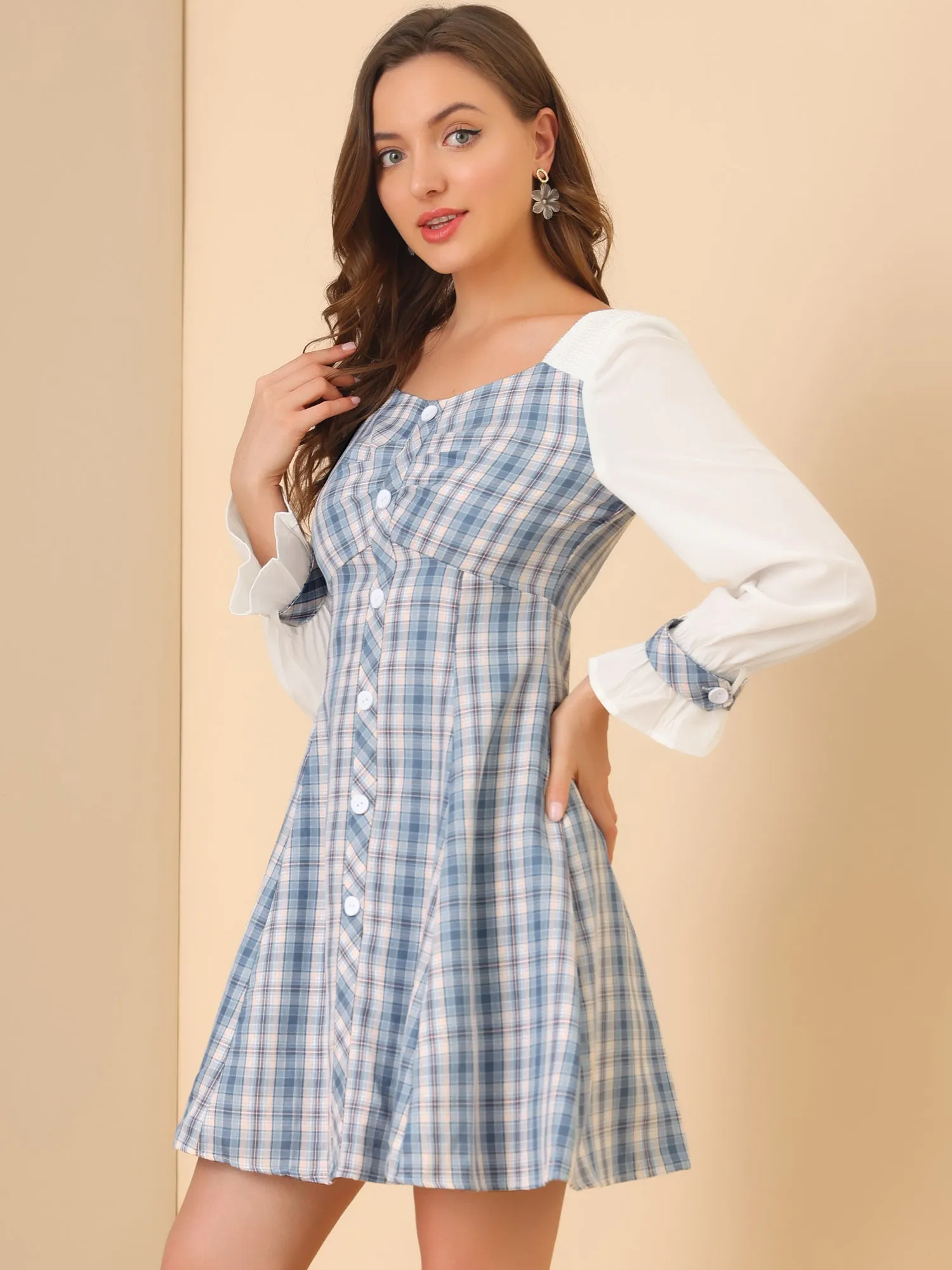 Plaid Sweetheart Neck Elegant Button Decor A-Line Party Mini Dress sold by Allegra K
