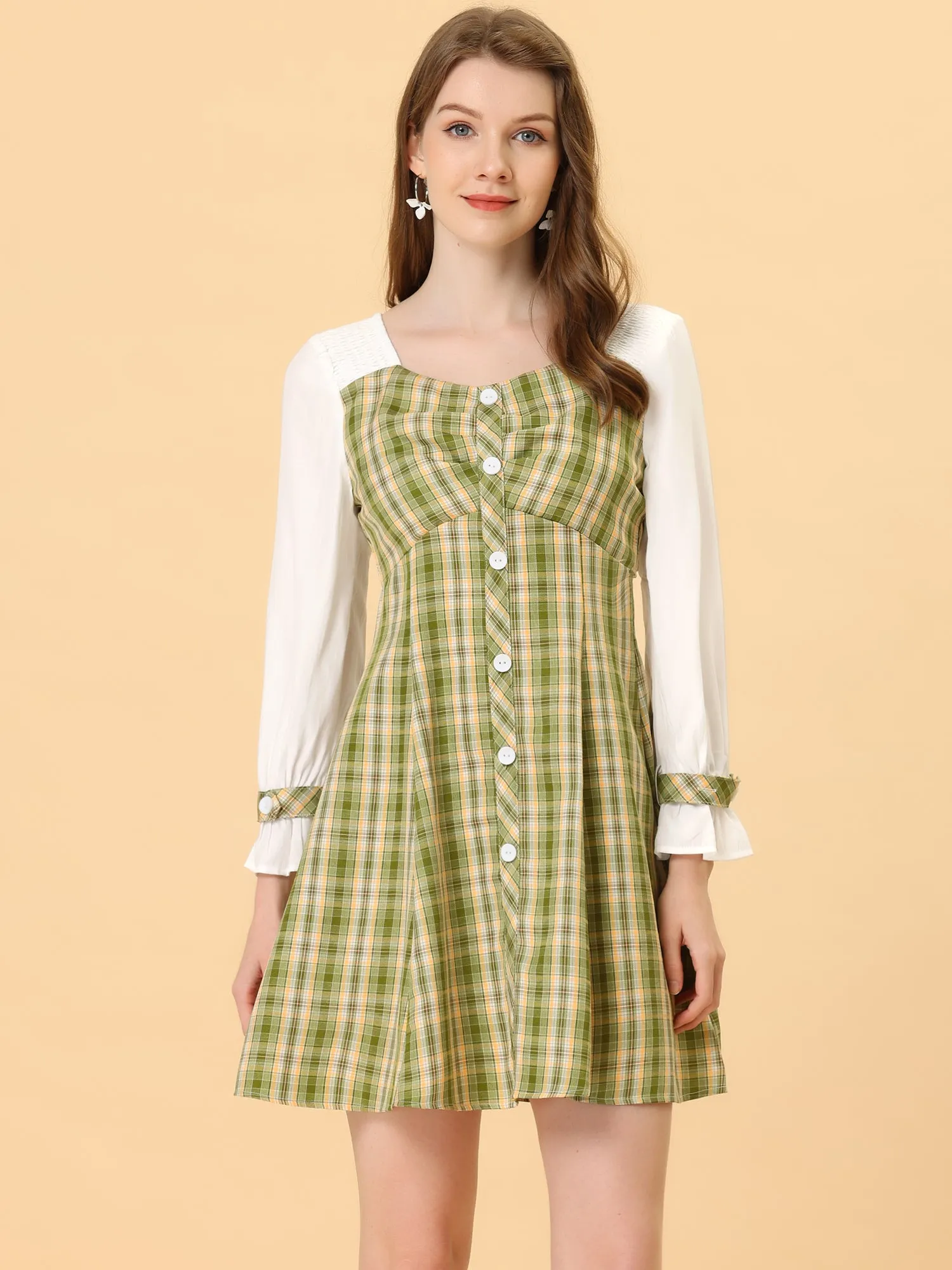 Plaid Sweetheart Neck Elegant Button Decor A-Line Party Mini Dress sold by Allegra K product image thumbnail 3
