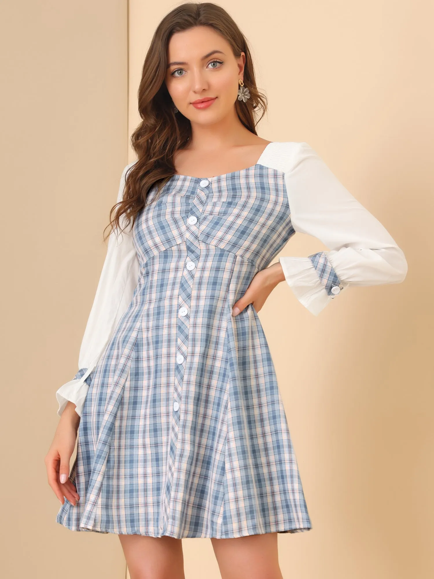 Plaid Sweetheart Neck Elegant Button Decor A-Line Party Mini Dress sold by Allegra K product image thumbnail 2