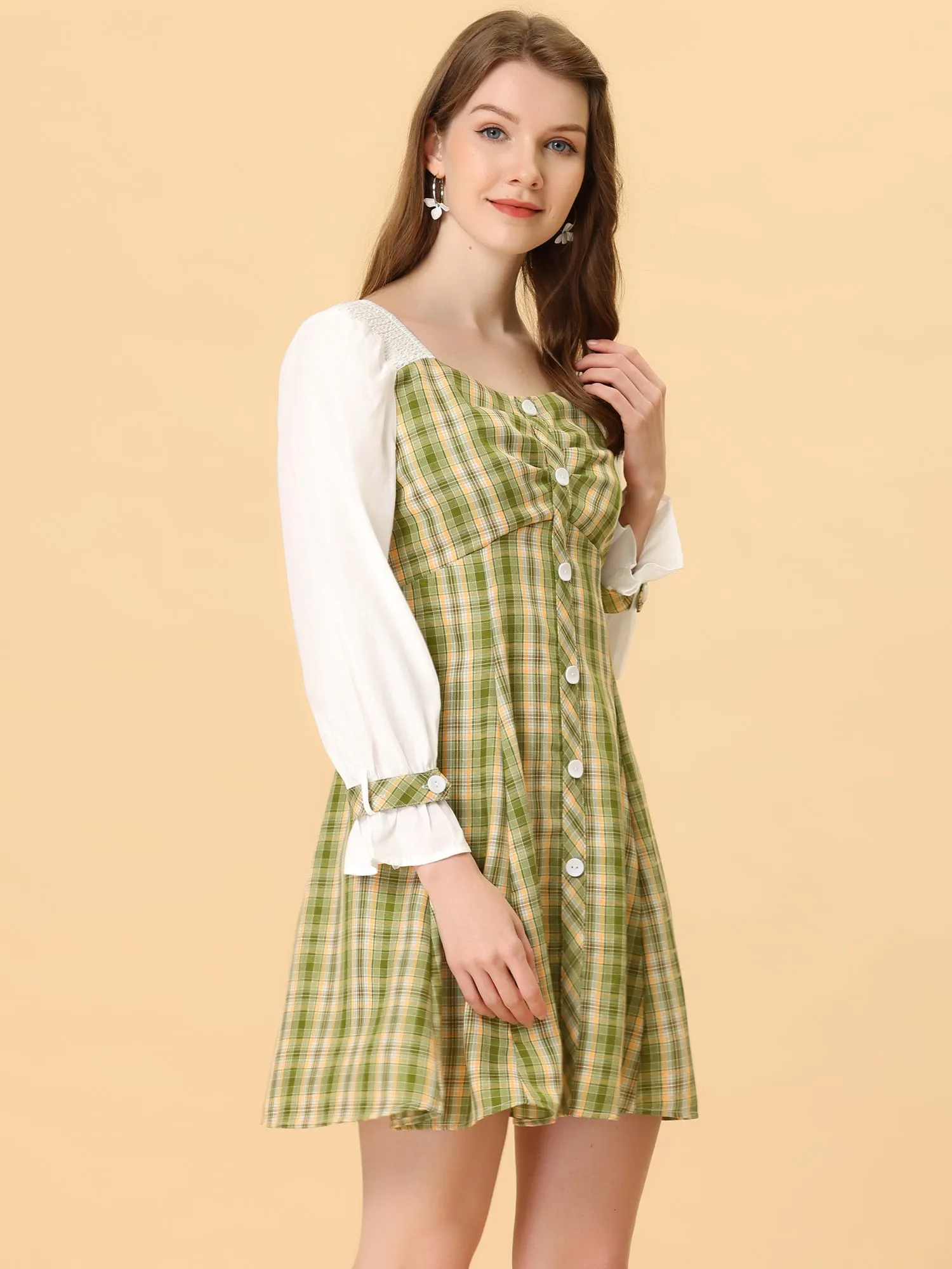 Plaid Sweetheart Neck Elegant Button Decor A-Line Party Mini Dress sold by Allegra K product image thumbnail 4
