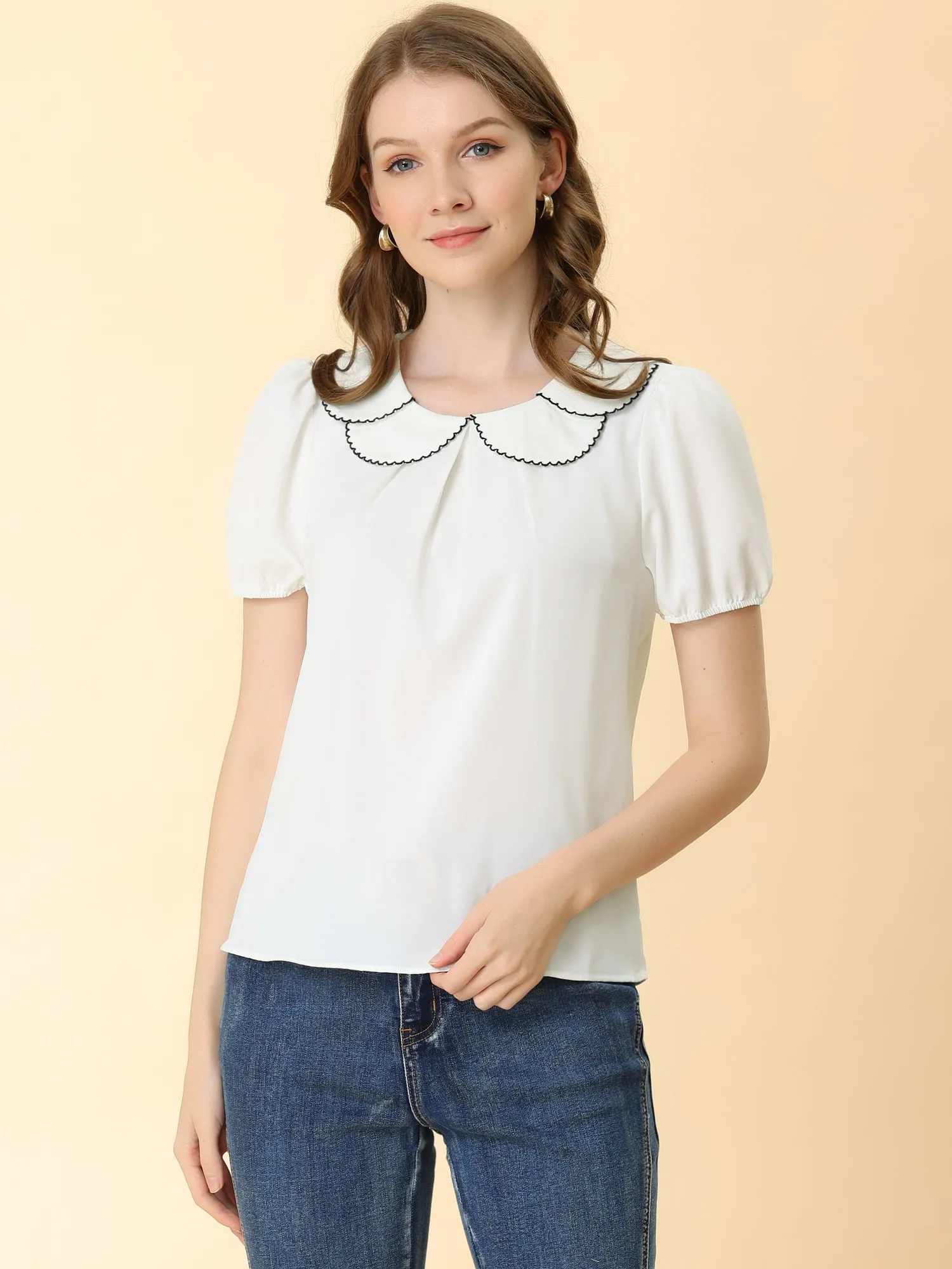 Puff Sleeve Tops Peter Pan Collar Blouse sold by Allegra K product image thumbnail 3