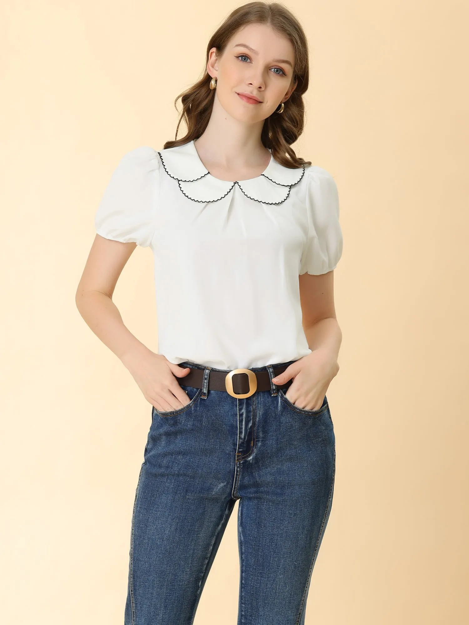 Puff Sleeve Tops Peter Pan Collar Blouse sold by Allegra K product image thumbnail 2