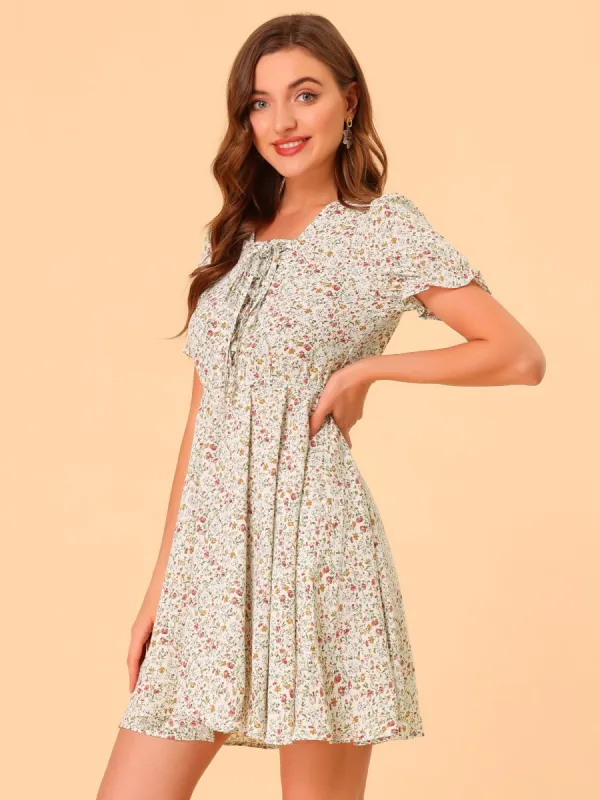 Floral Print Summer Flared Ruffle Sleeve Lace-up V Neck Chiffon Dress sold by Allegra K