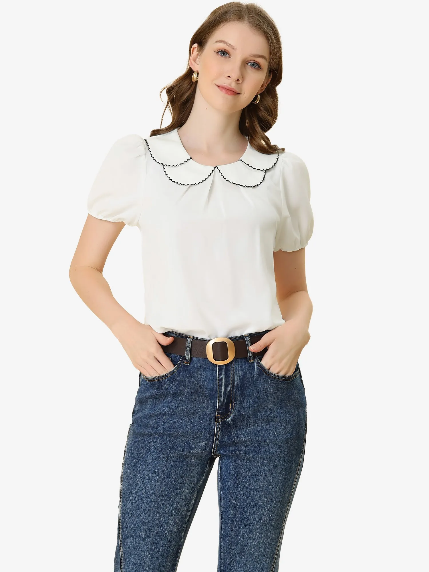 Puff Sleeve Tops Peter Pan Collar Blouse sold by Allegra K