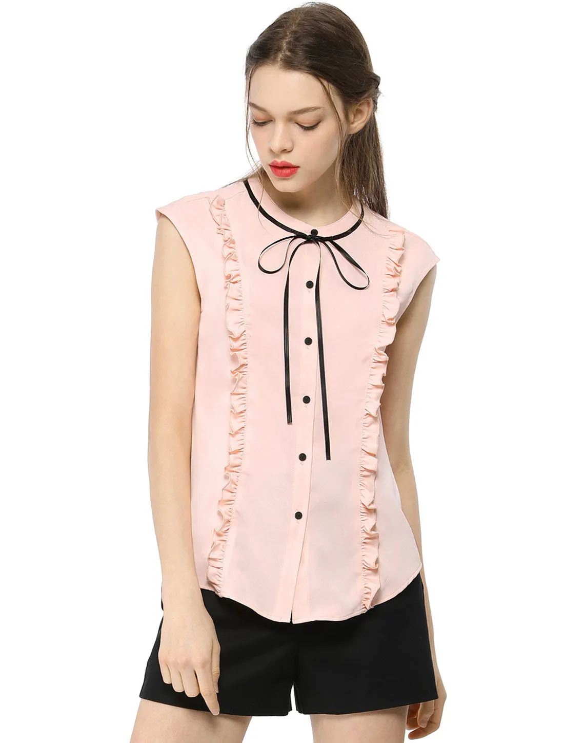 Cute Tie Neck Summer Ruffle Solid Color Sleeveless Button Down Shirt sold by Allegra K product image thumbnail 2