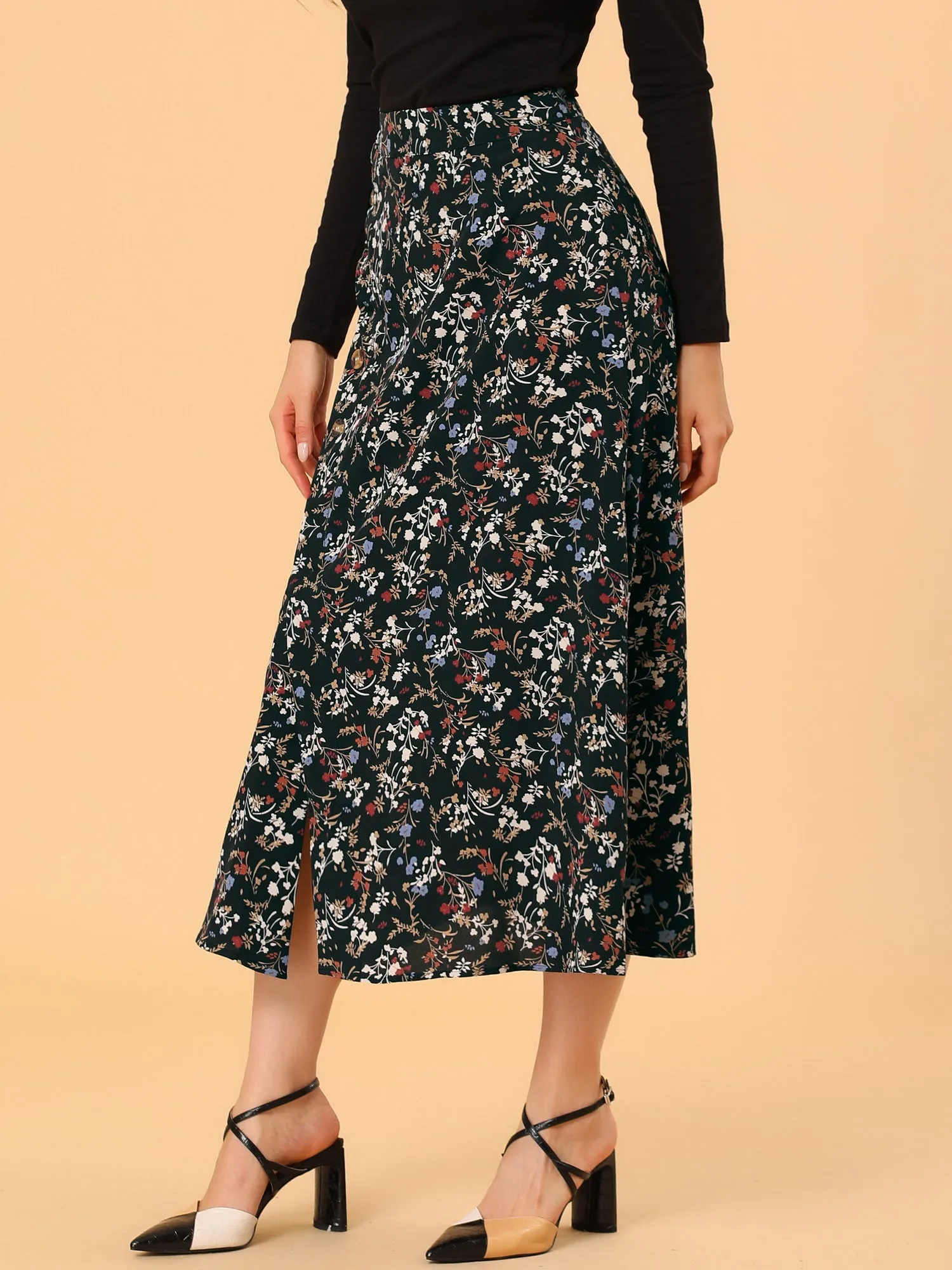 Floral Print Button Decor A-Line High Waist Slit Maxi Skirt sold by Allegra K product image thumbnail 2