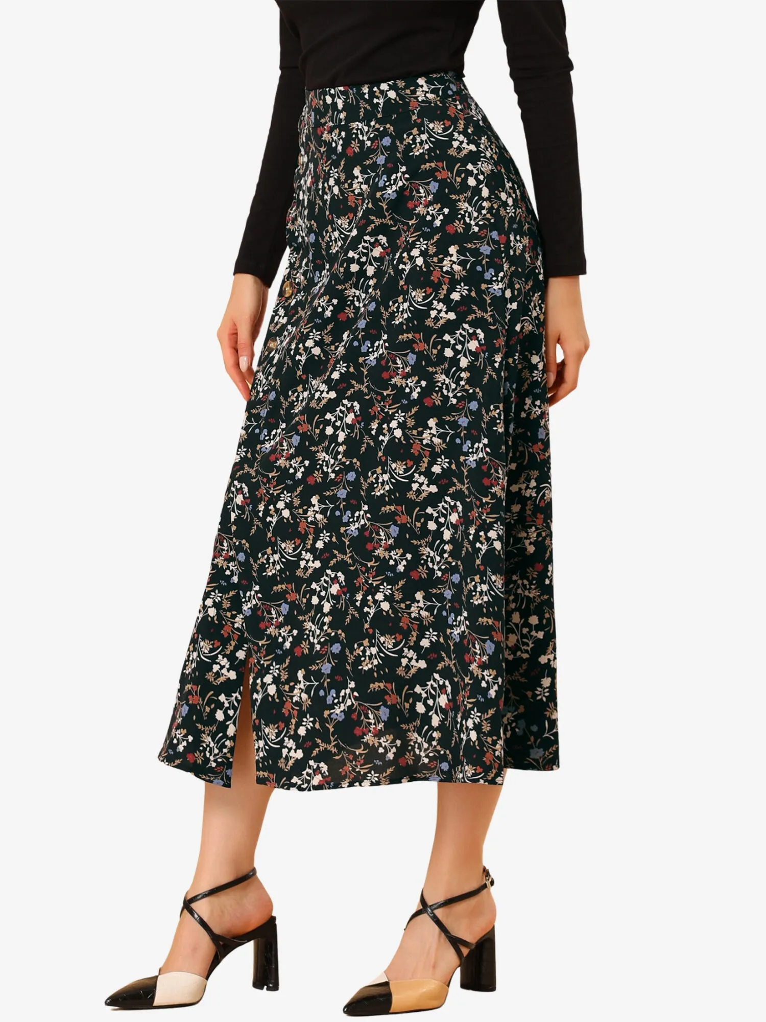 Floral Print Button Decor A-Line High Waist Slit Maxi Skirt sold by Allegra K