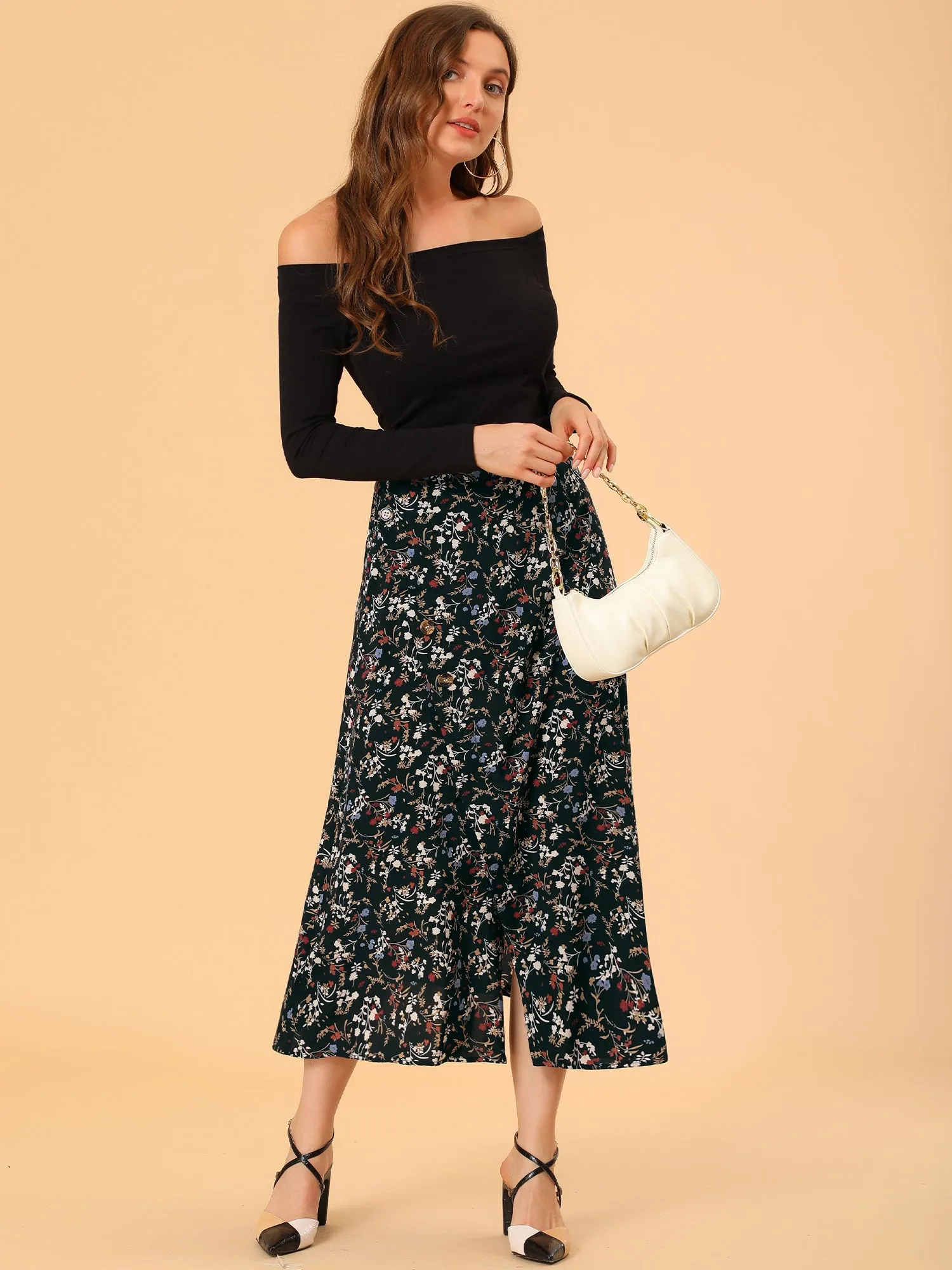 Floral Print Button Decor A-Line High Waist Slit Maxi Skirt sold by Allegra K product image thumbnail 4