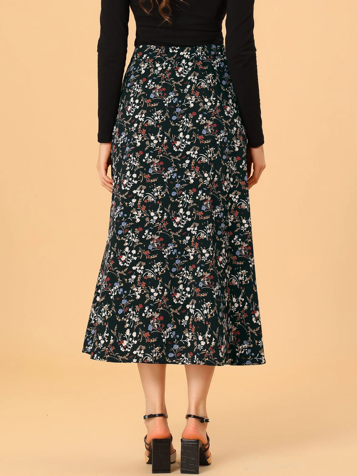 Floral Print Button Decor A-Line High Waist Slit Maxi Skirt sold by Allegra K product image thumbnail 5