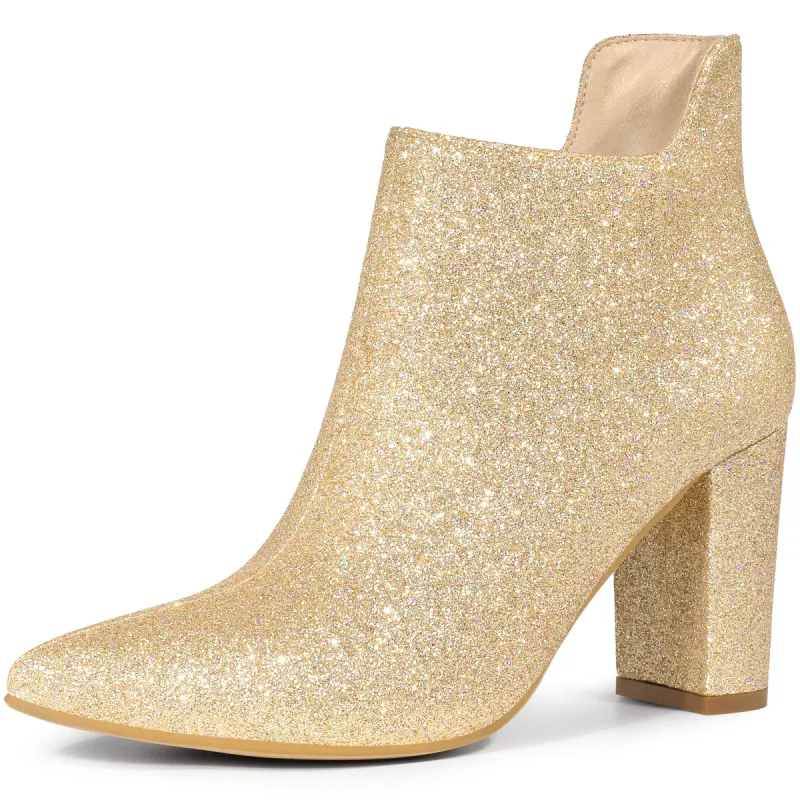 Women's Pointed Toe Cutout Block Heels Glitter Ankle Booties sold by Allegra K