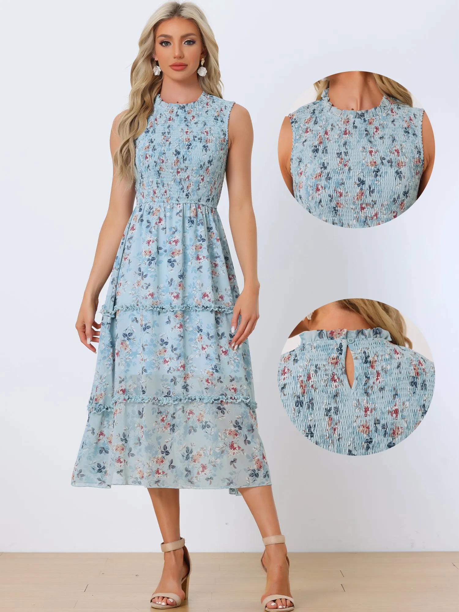 Sleeveless Floral Ruffles Crew Neck Chiffon Smocked Dress Sundress sold by Allegra K product image thumbnail 2