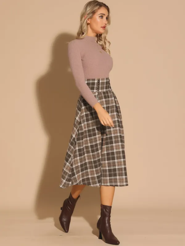 Plaid High Elastic Waist Skirt Vintage Fall Winter A-Line Midi Skirt sold by Allegra K