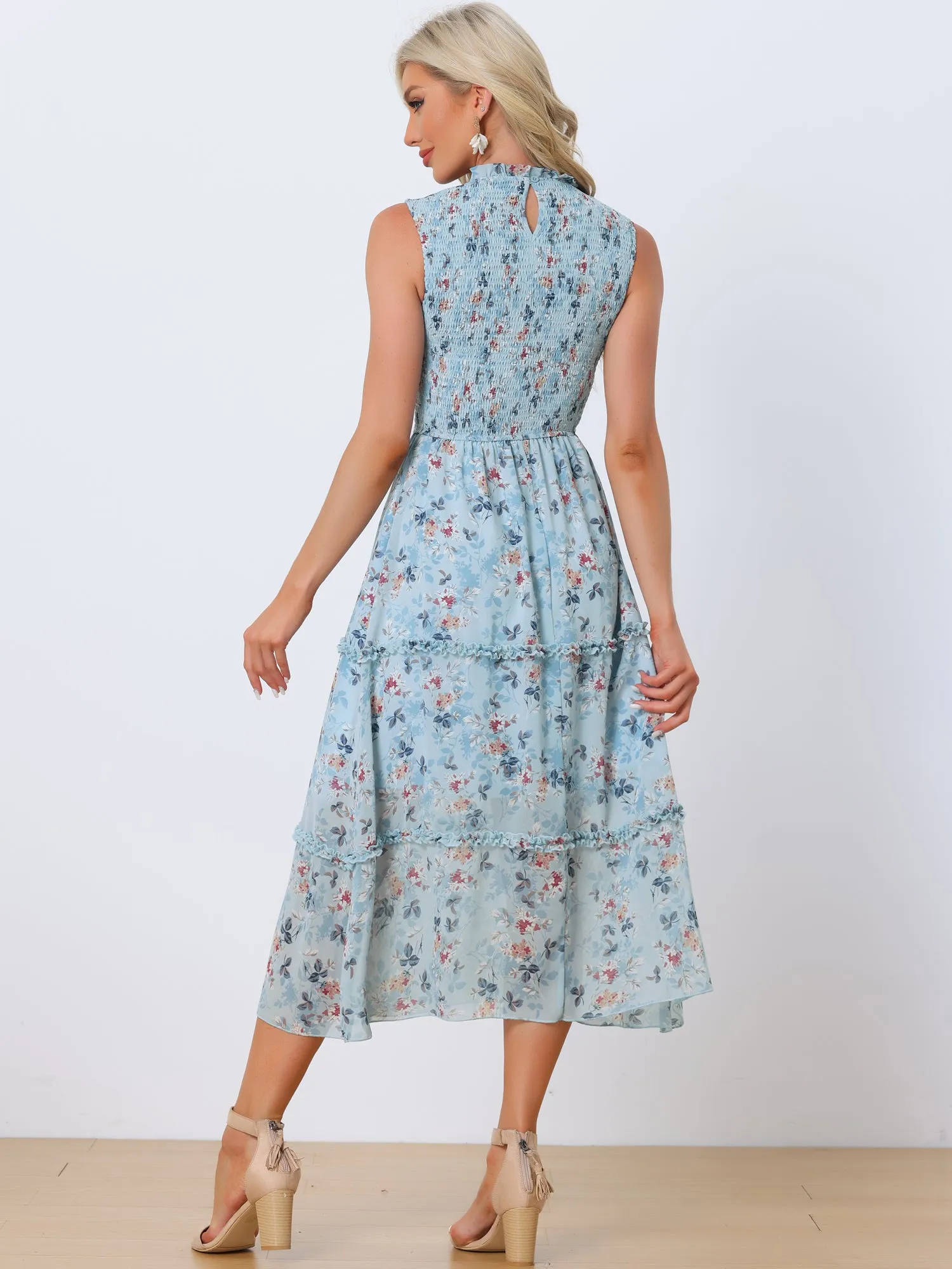 Sleeveless Floral Ruffles Crew Neck Chiffon Smocked Dress Sundress sold by Allegra K product image thumbnail 3