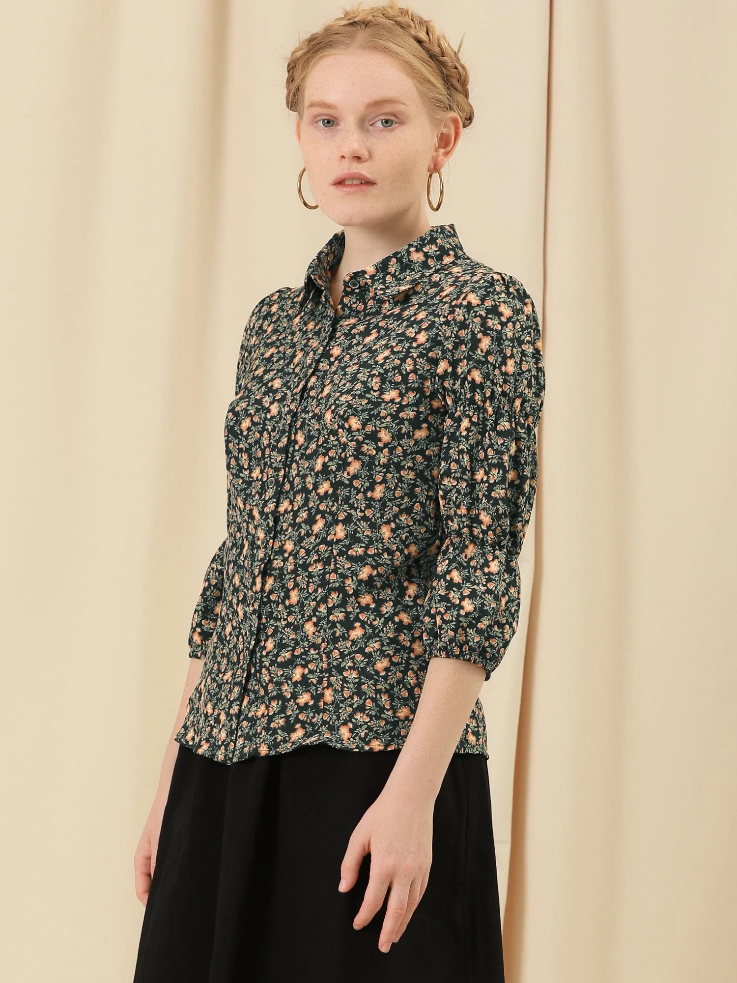 Printed 3/4 Sleeve Office Turndown Collar Button Up Shirt sold by Allegra K product image thumbnail 4