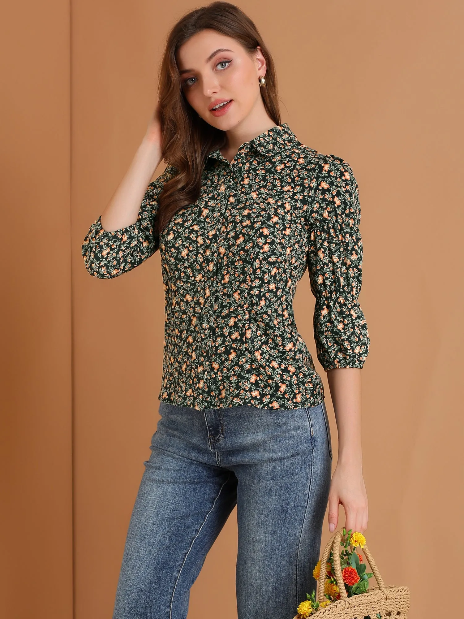 Printed 3/4 Sleeve Office Turndown Collar Button Up Shirt sold by Allegra K