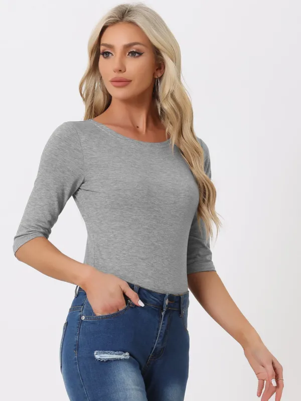 Casual Boat Neck 3/4 Sleeve Solid Basic T-shirt sold by Allegra K
