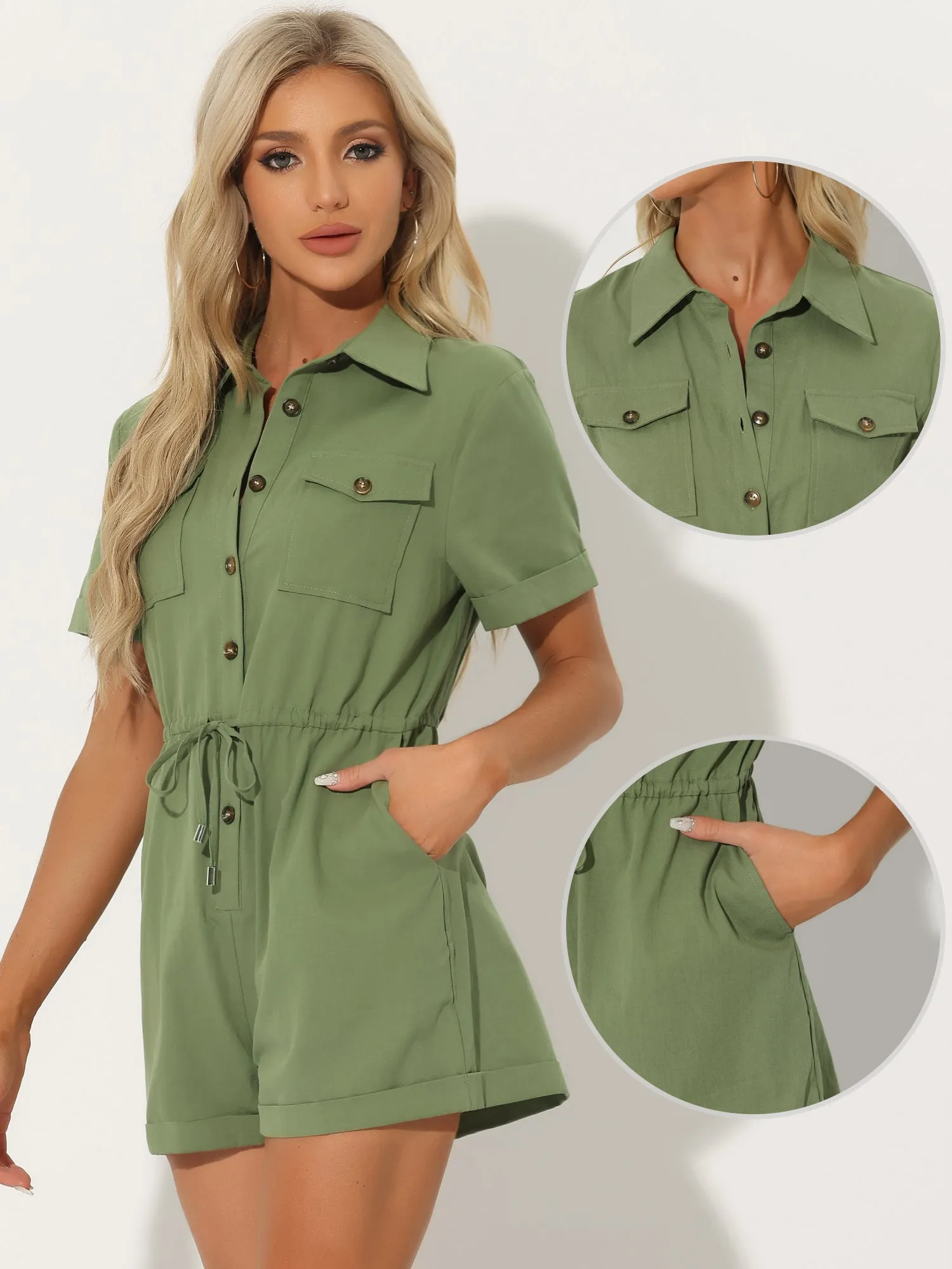 Casual Cargo Drawstring Jumpsuit Lapel Collered Two Pockets Shorts Romper sold by Allegra K product image thumbnail 2