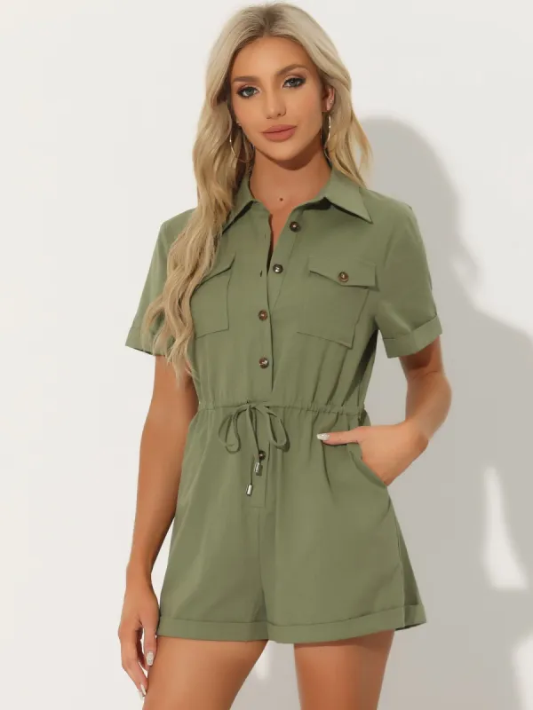 Casual Cargo Drawstring Jumpsuit Lapel Collered Two Pockets Shorts Romper sold by Allegra K