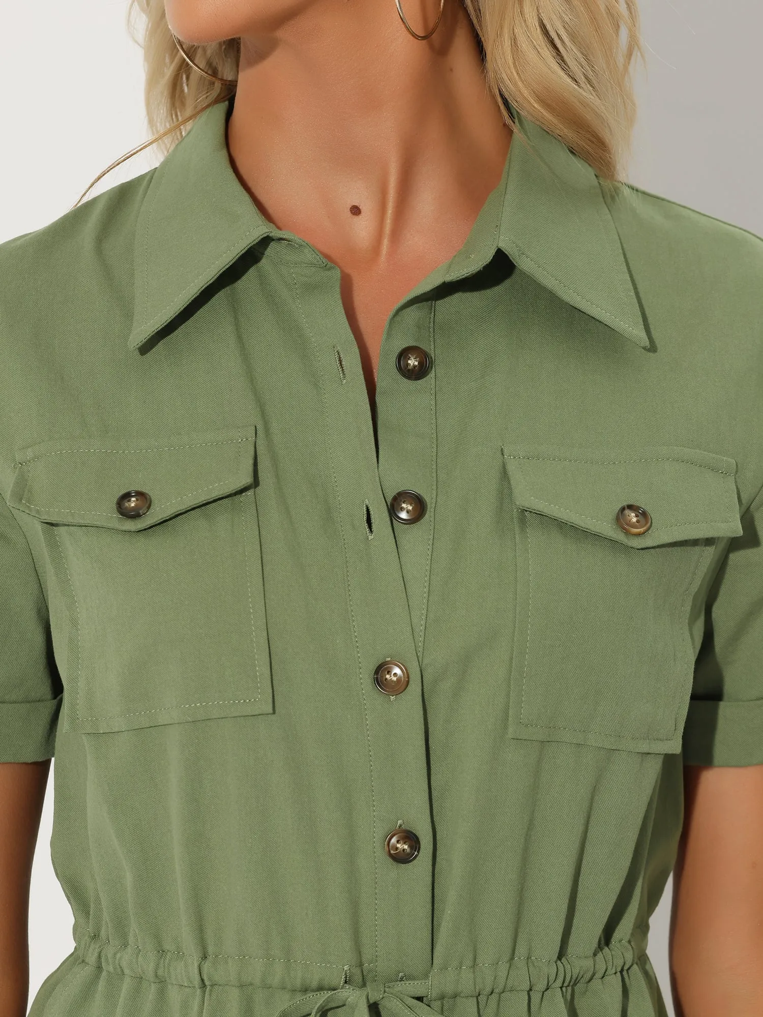 Casual Cargo Drawstring Jumpsuit Lapel Collered Two Pockets Shorts Romper sold by Allegra K product image thumbnail 5