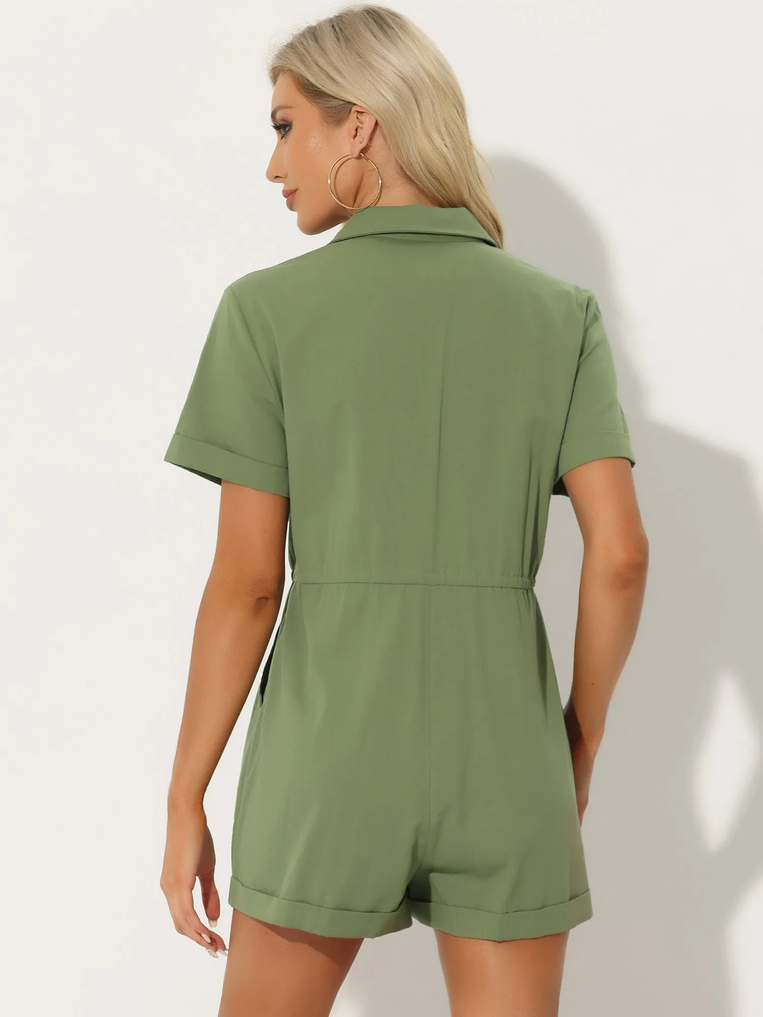 Casual Cargo Drawstring Jumpsuit Lapel Collered Two Pockets Shorts Romper sold by Allegra K product image thumbnail 3