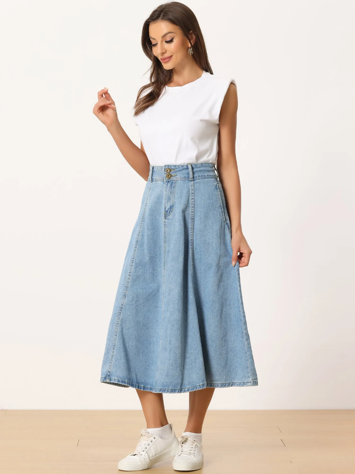 Casual Denim Pockets Classic A-Line Midi Jean Skirts sold by Allegra K product image thumbnail 2