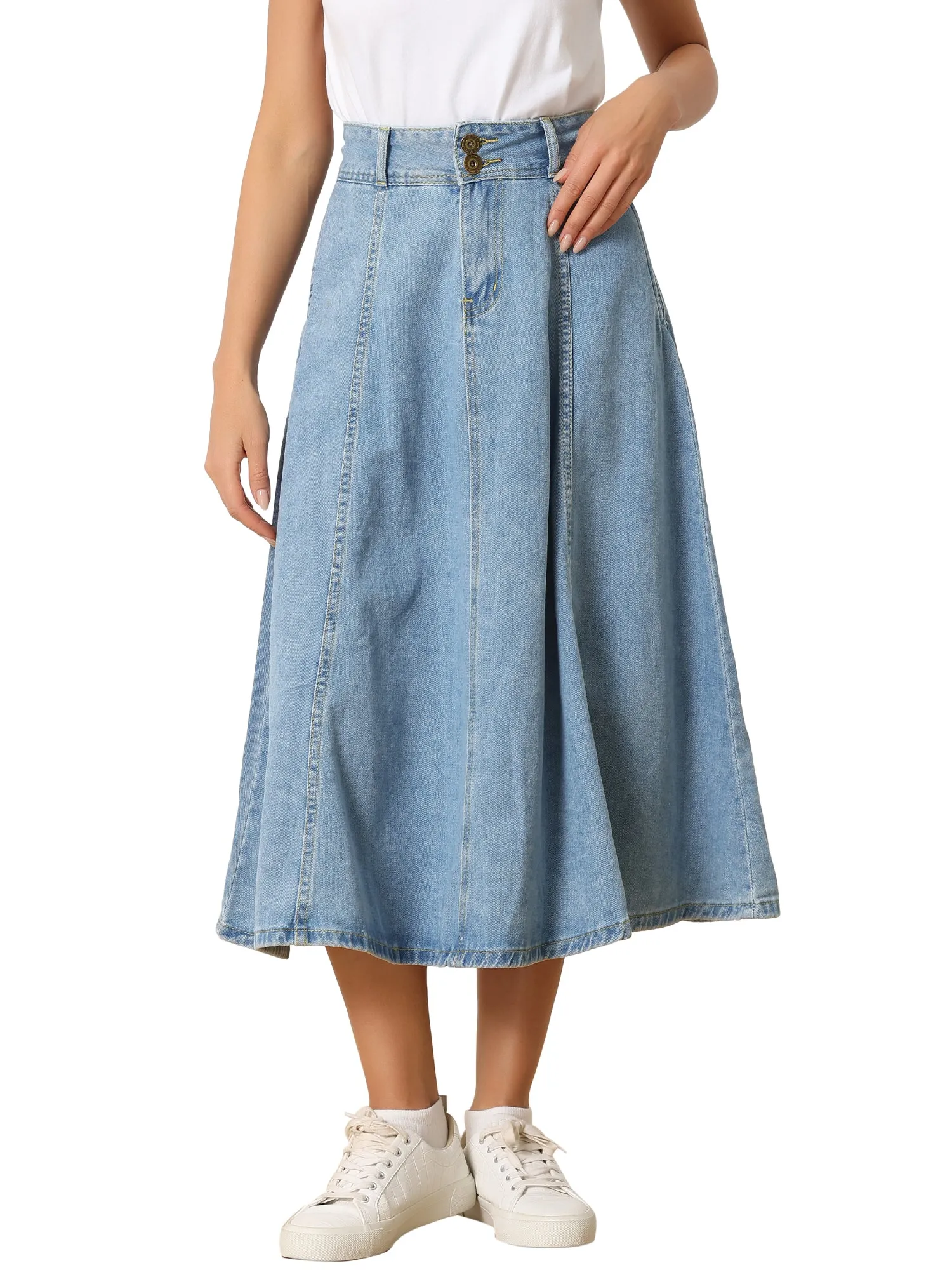 Casual Denim Pockets Classic A-Line Midi Jean Skirts sold by Allegra K product image thumbnail 4