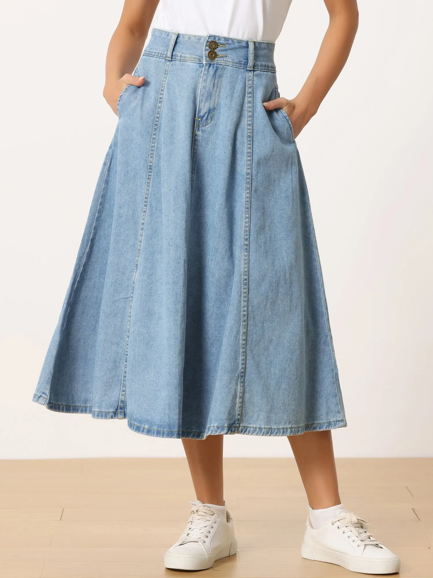 Casual Denim Pockets Classic A-Line Midi Jean Skirts sold by Allegra K