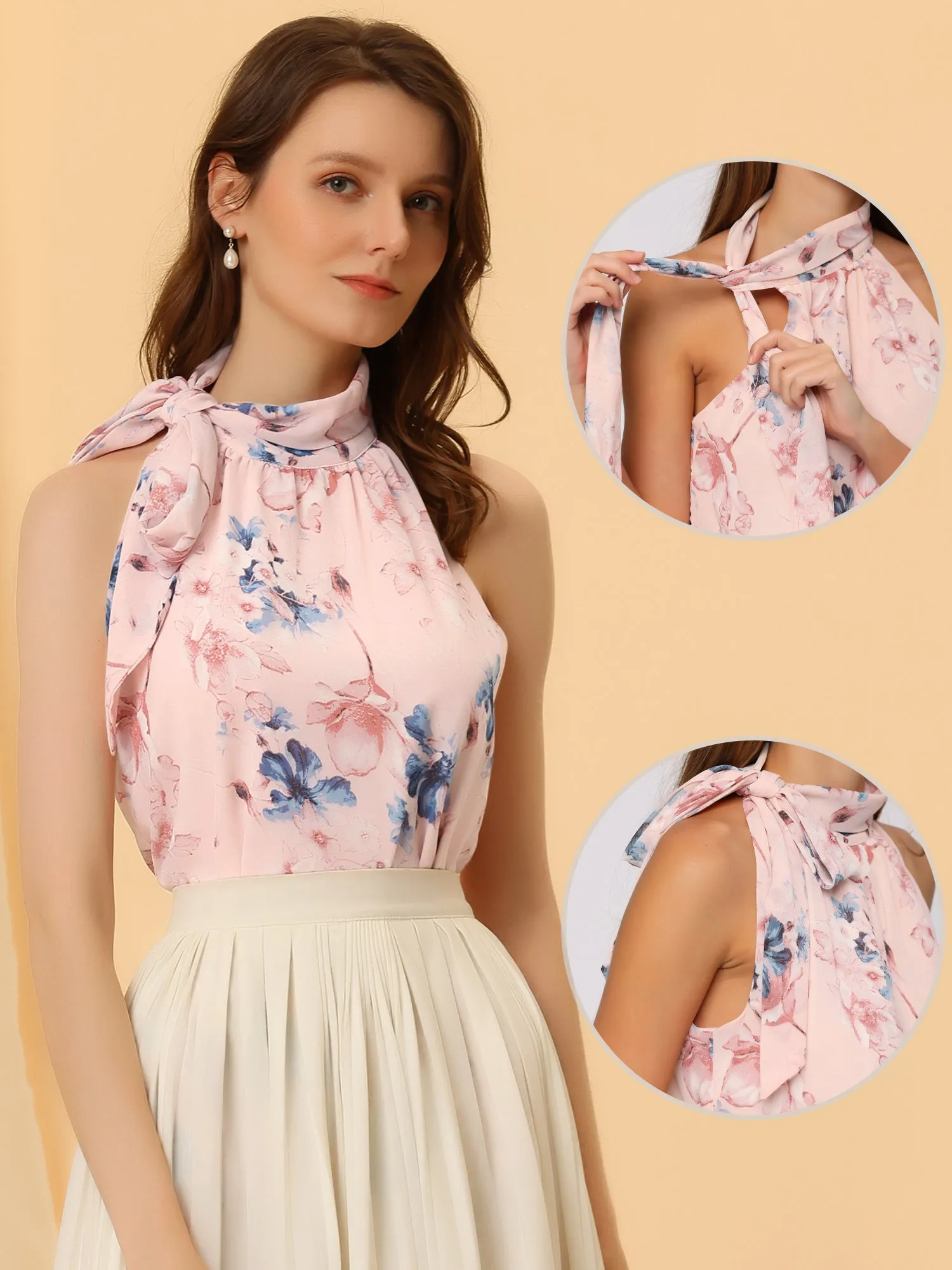 Halter Sleeveless Tank Tie Neck Top Floral Cami Tops sold by Allegra K product image thumbnail 2