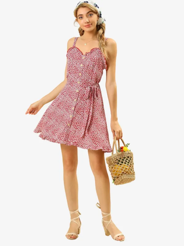 Floral Sundress Ruffle Belted Summer Spaghetti Strap Smocked Dress sold by Allegra K