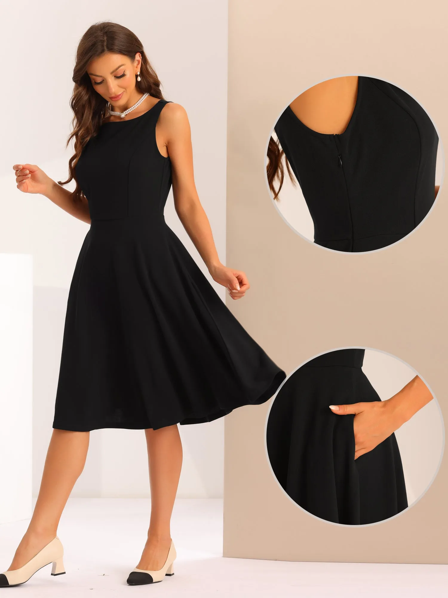 Allegra K Sleeveless Boat Neck High Waisted A-Line Midi