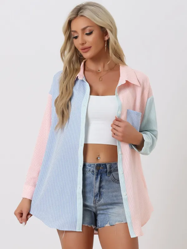 Long Sleeve Stripes Colorblock Pocketed Button Down Shirt Blouse sold by Allegra K