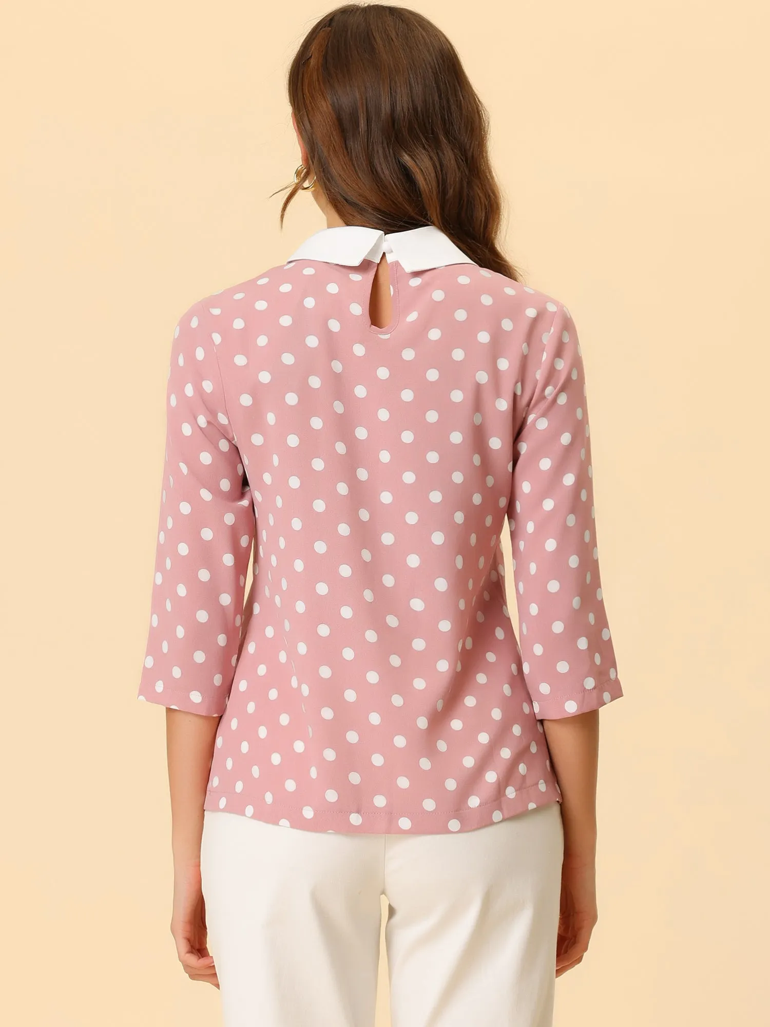 Polka Dots Contrast Peter Pan Collar Top 3/4 Sleeve Blouse Shirt sold by Allegra K product image thumbnail 4