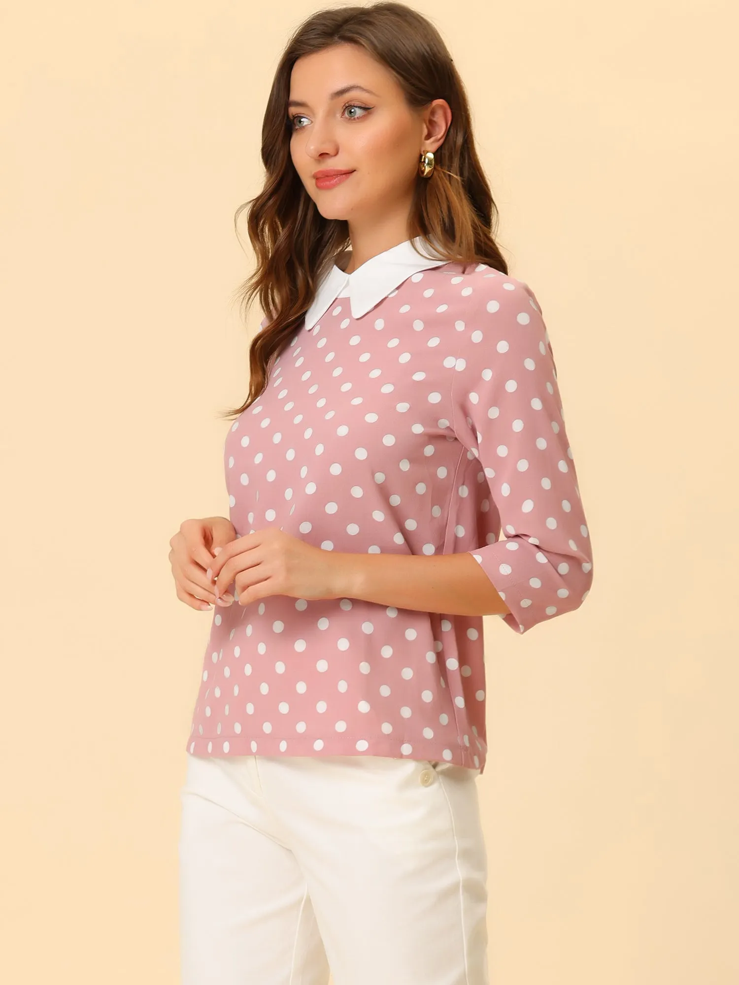 Polka Dots Contrast Peter Pan Collar Top 3/4 Sleeve Blouse Shirt sold by Allegra K product image thumbnail 3