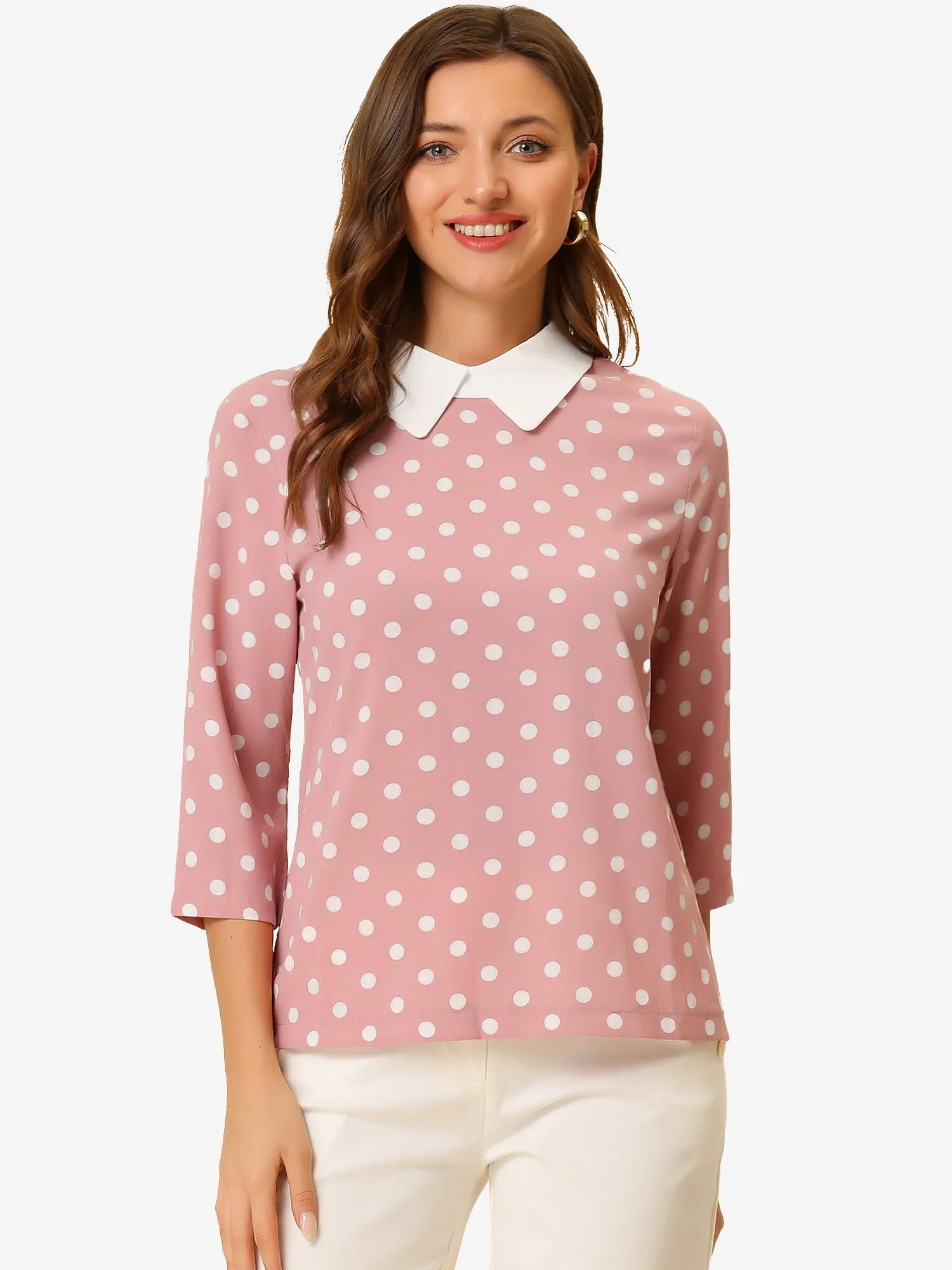 Polka Dots Contrast Peter Pan Collar Top 3/4 Sleeve Blouse Shirt sold by Allegra K