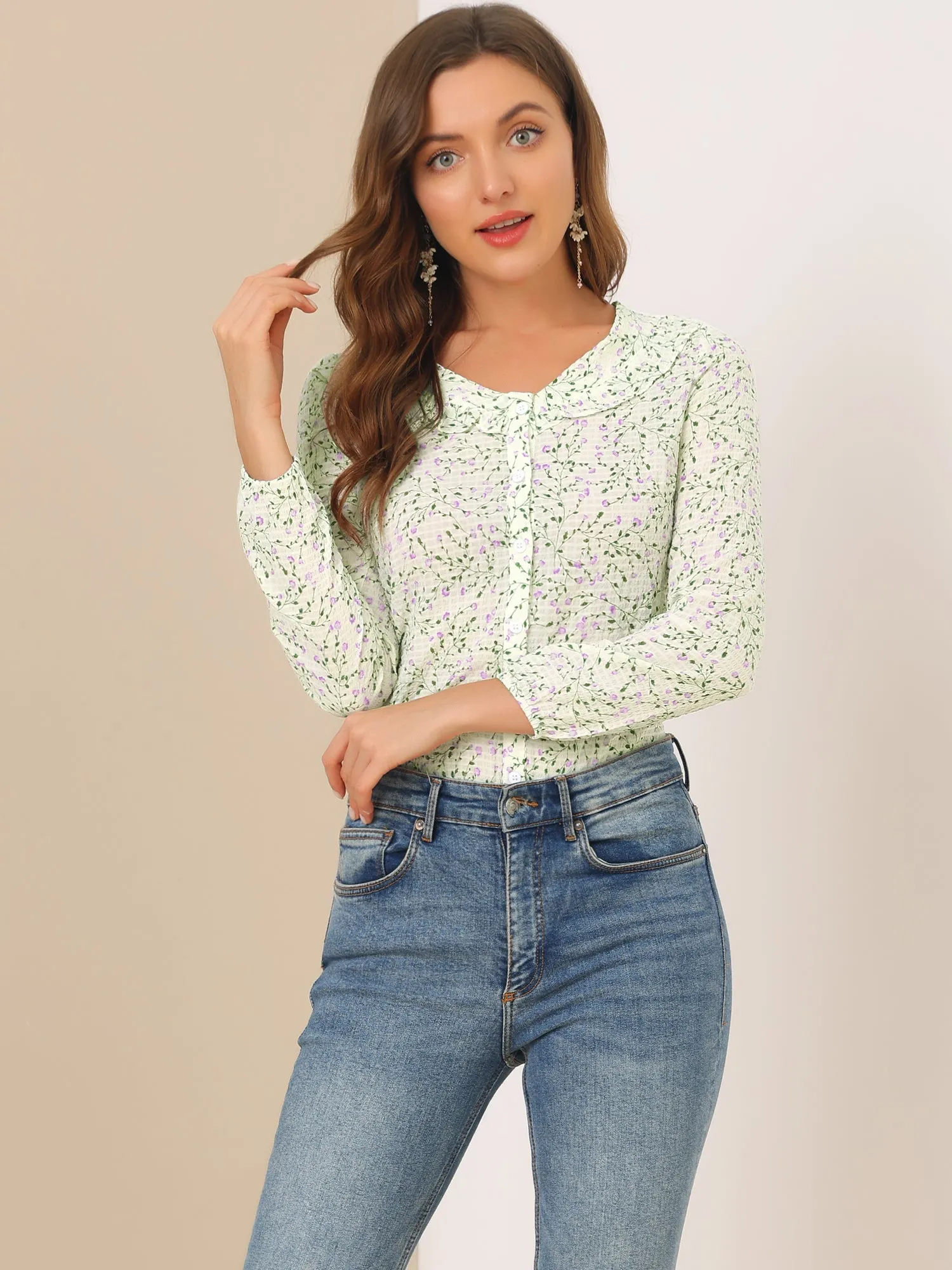 Allegra K Floral Blouse Ruffle Neck Long Sleeve Button Front Shirt sold by Allegra K