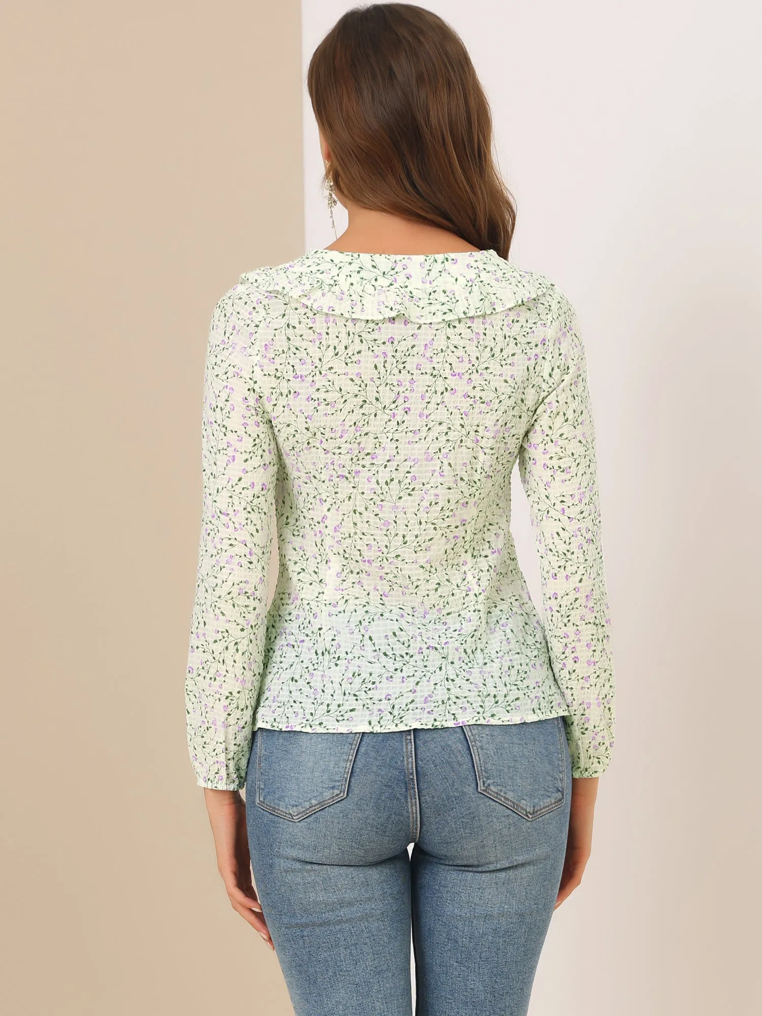 Allegra K Floral Blouse Ruffle Neck Long Sleeve Button Front Shirt sold by Allegra K product image thumbnail 4