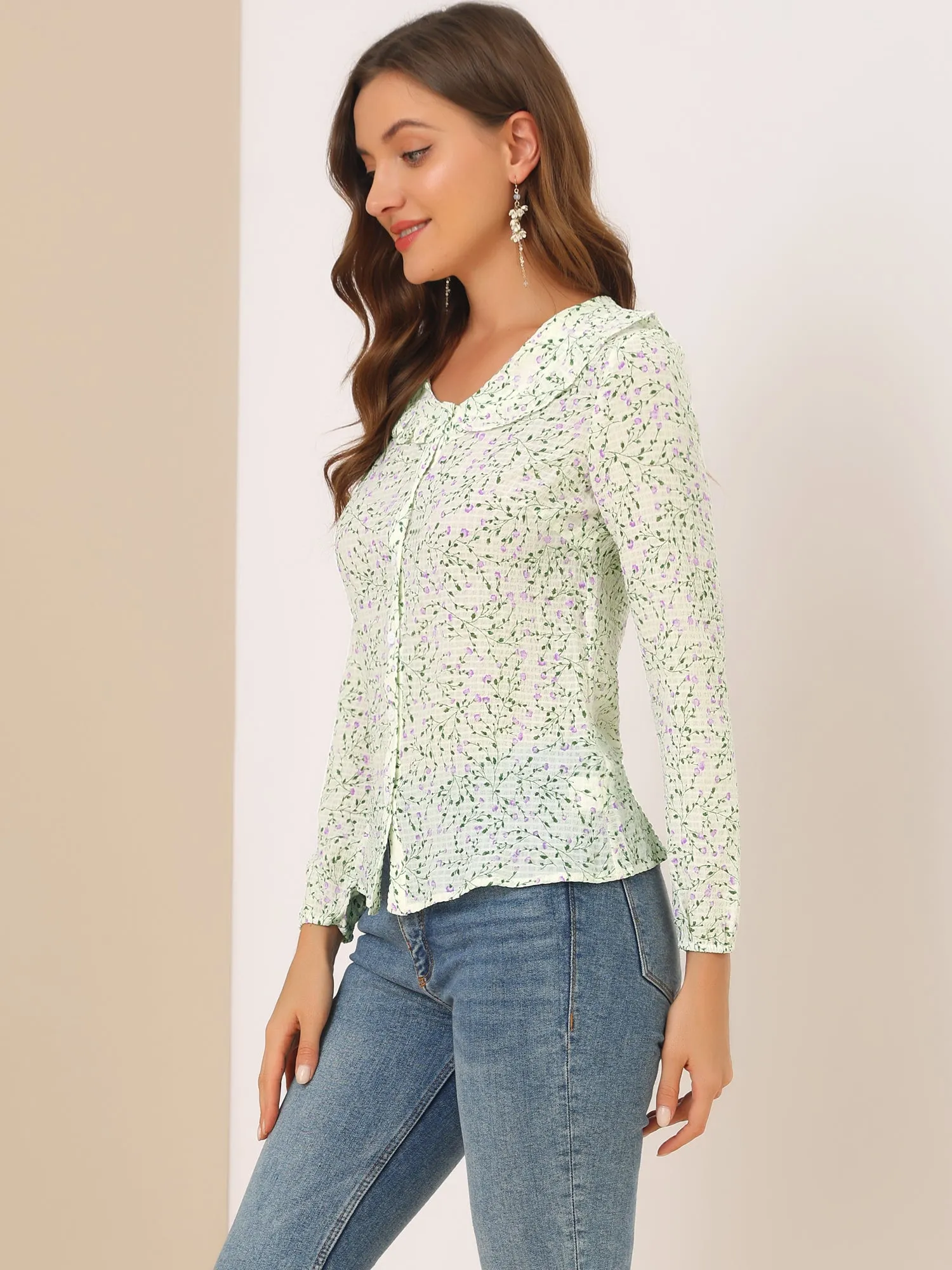 Allegra K Floral Blouse Ruffle Neck Long Sleeve Button Front Shirt sold by Allegra K product image thumbnail 3