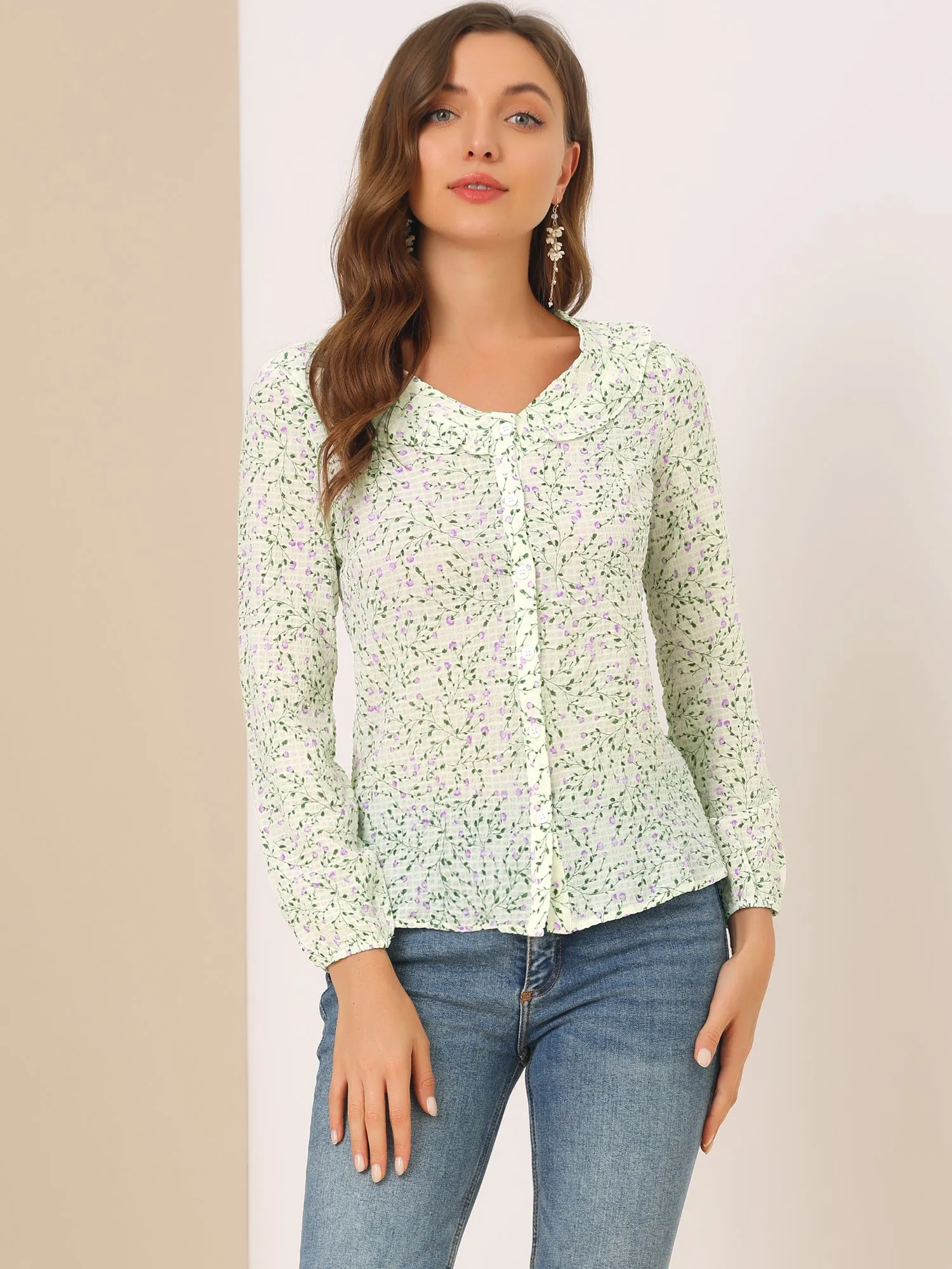 Allegra K Floral Blouse Ruffle Neck Long Sleeve Button Front Shirt sold by Allegra K product image thumbnail 2