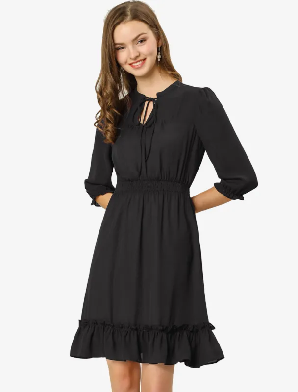 Ruffle Hem 3/4 Sleeve A-Line Smocked Midi Chiffon Dress sold by Allegra K