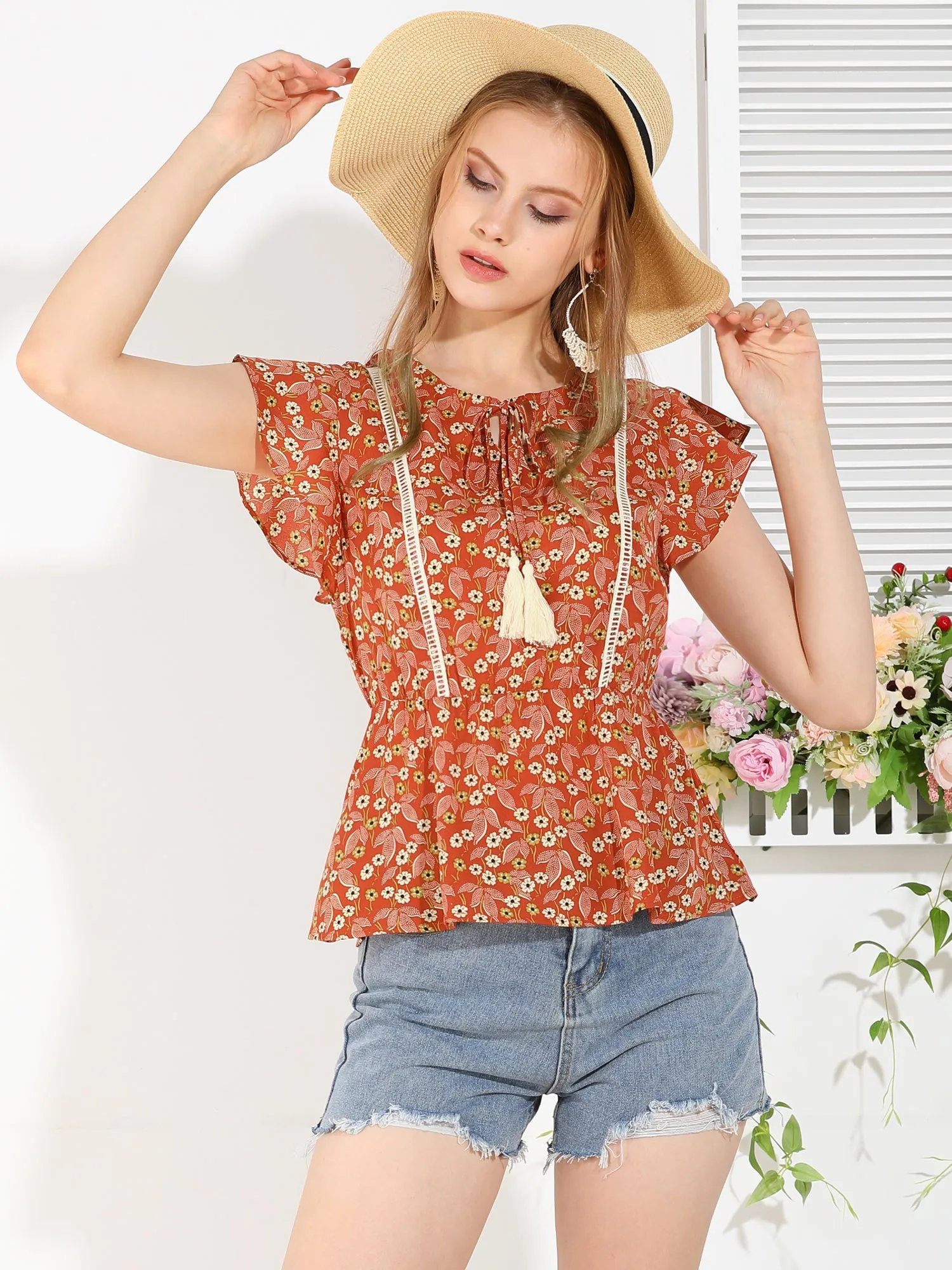 Tassel Tie Collar Top Short Sleeve Elastic Waist Floral Peplum Blouse sold by Allegra K product image thumbnail 3