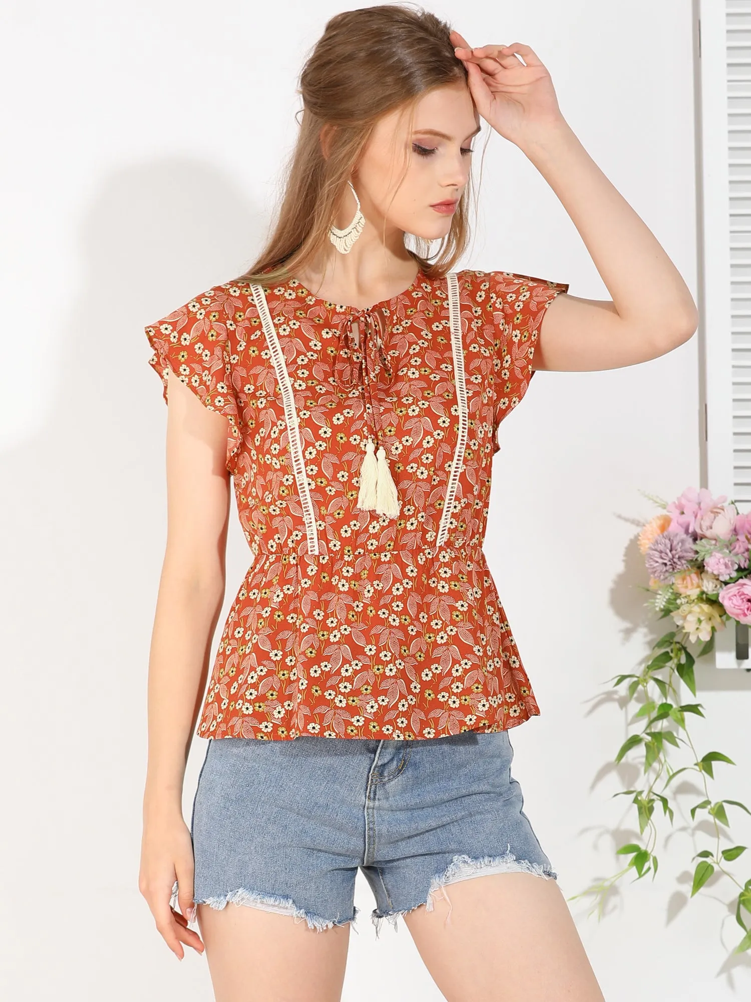 Tassel Tie Collar Top Short Sleeve Elastic Waist Floral Peplum Blouse sold by Allegra K product image thumbnail 2