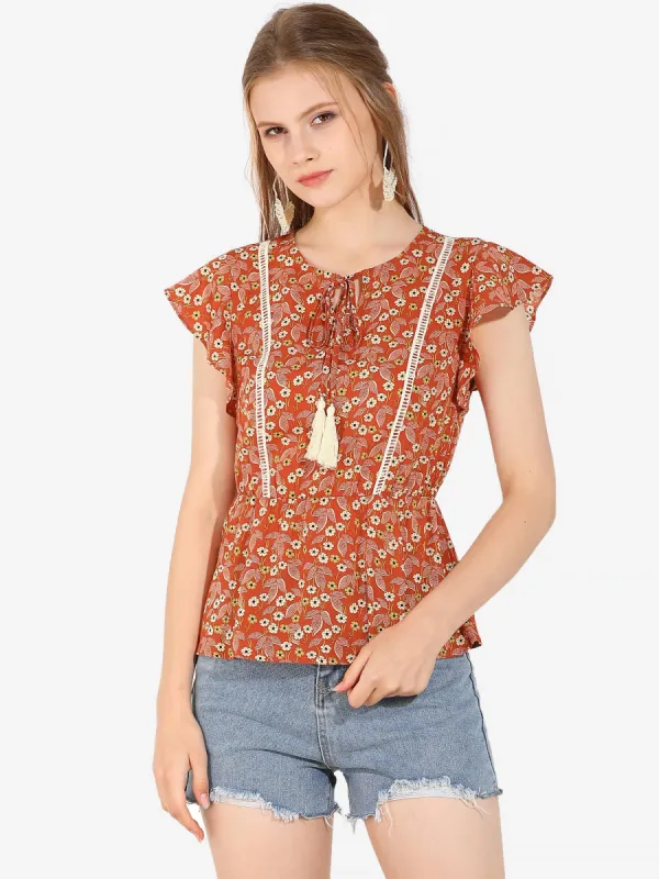 Tassel Tie Collar Top Short Sleeve Elastic Waist Floral Peplum Blouse sold by Allegra K