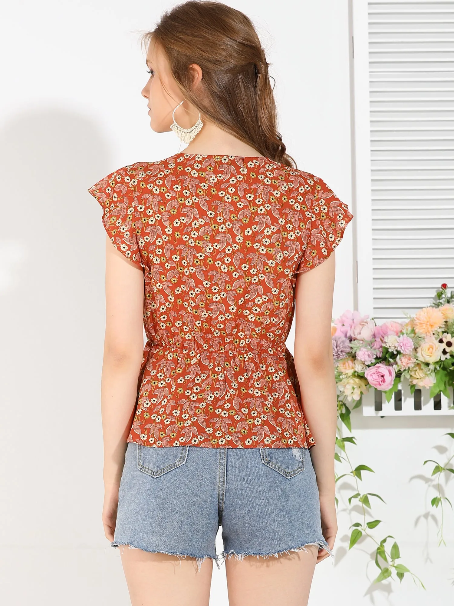 Tassel Tie Collar Top Short Sleeve Elastic Waist Floral Peplum Blouse sold by Allegra K product image thumbnail 5