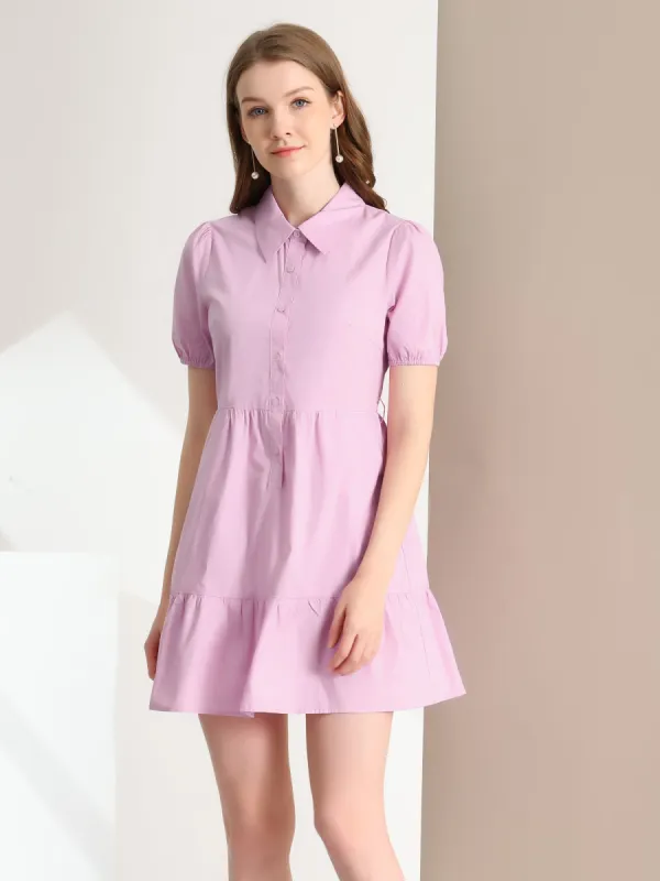 Short Puff Sleeve Tie Waist Belted Tiered Mini Cotton Dress sold by Allegra K