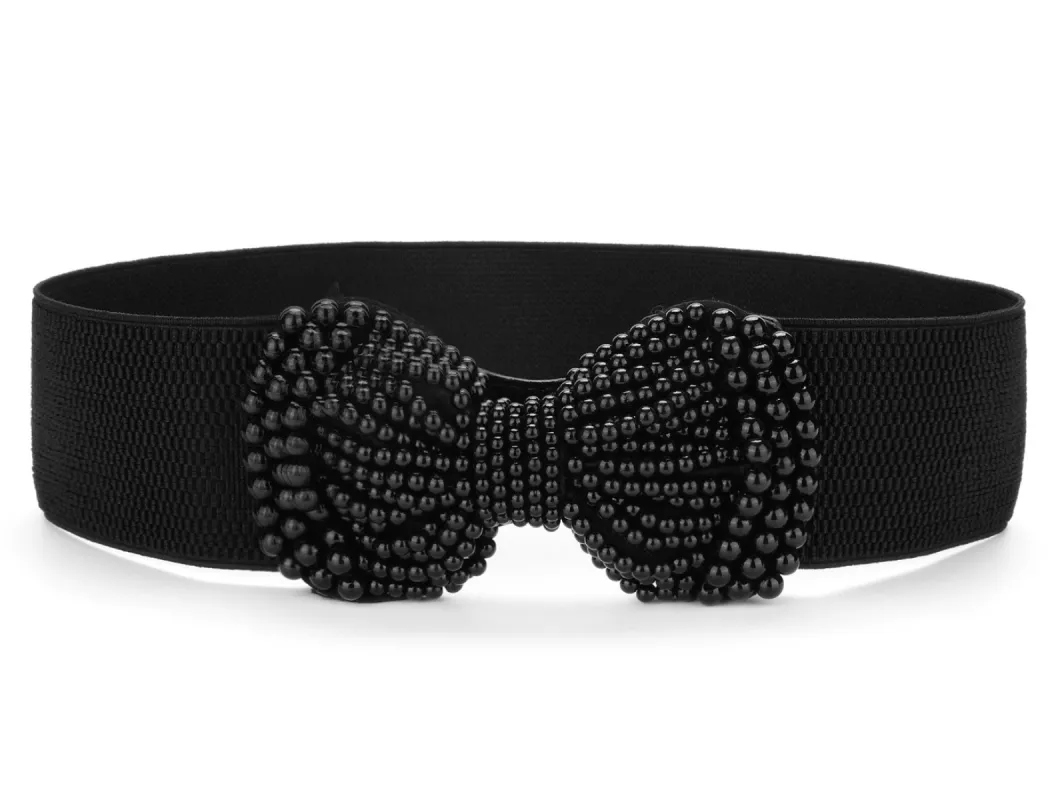 Faux Pearl Bowknot Press Stud Button Stretchy Waistband Cinch Belt sold by Allegra K