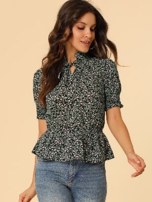 Floral Print Ruffle Neck Casual Smocked Short Sleeve Peplum Blouse sold by Allegra K