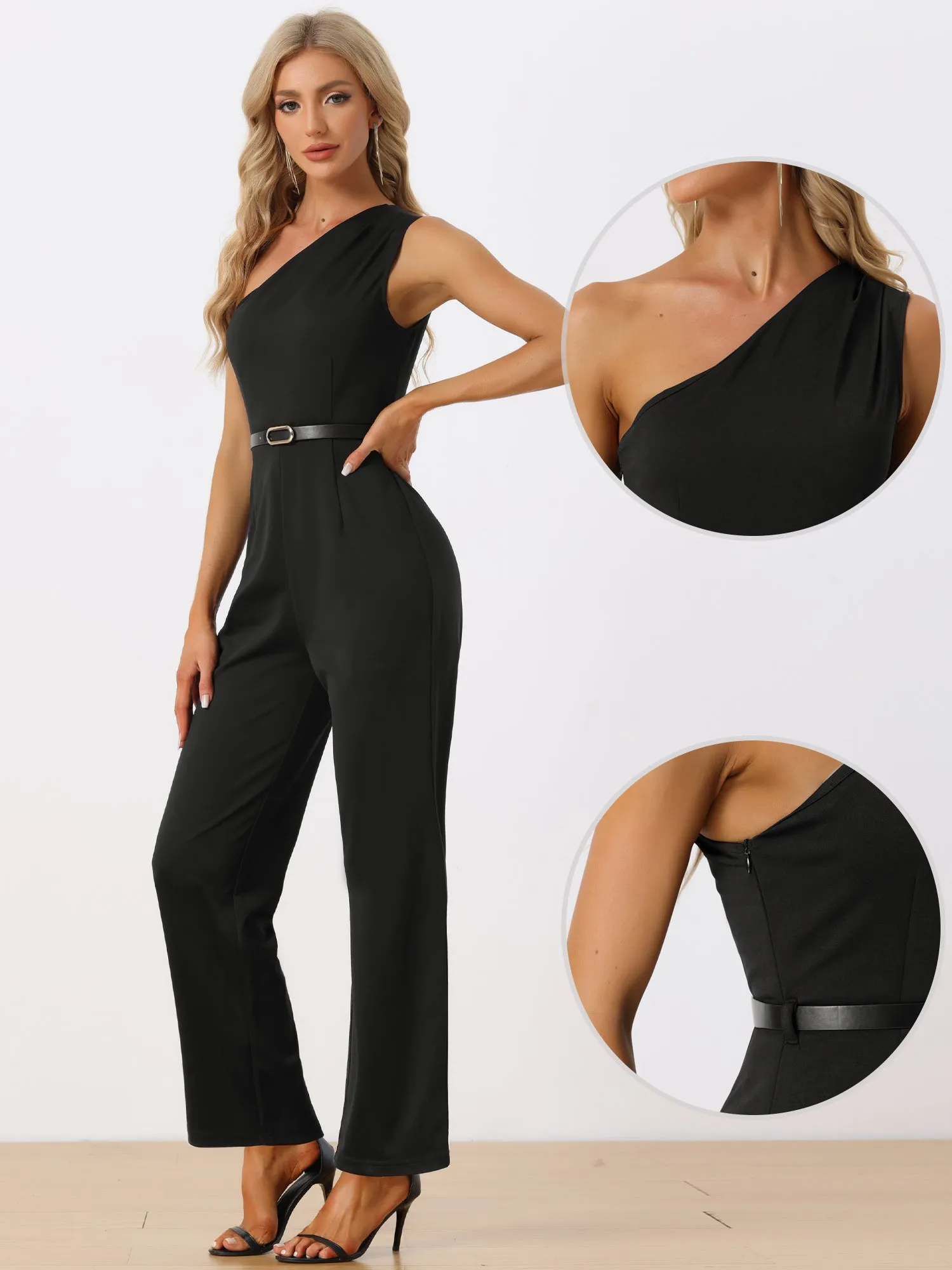 One Shoulder Dressy Sleeveless Belt Wide Leg Jumpsuit sold by Allegra K product image thumbnail 2