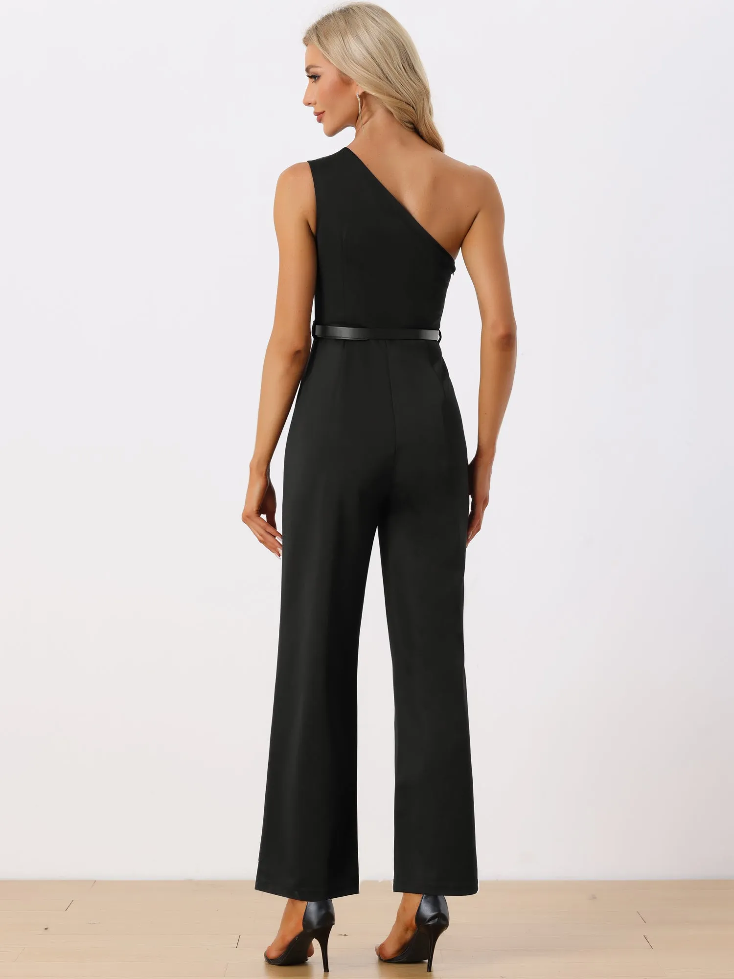 One Shoulder Dressy Sleeveless Belt Wide Leg Jumpsuit sold by Allegra K product image thumbnail 3